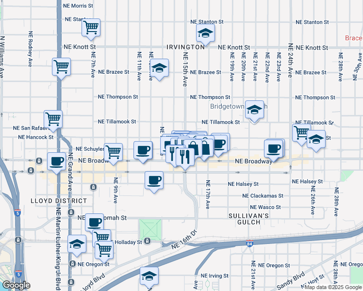map of restaurants, bars, coffee shops, grocery stores, and more near Northeast 15th Avenue in Portland