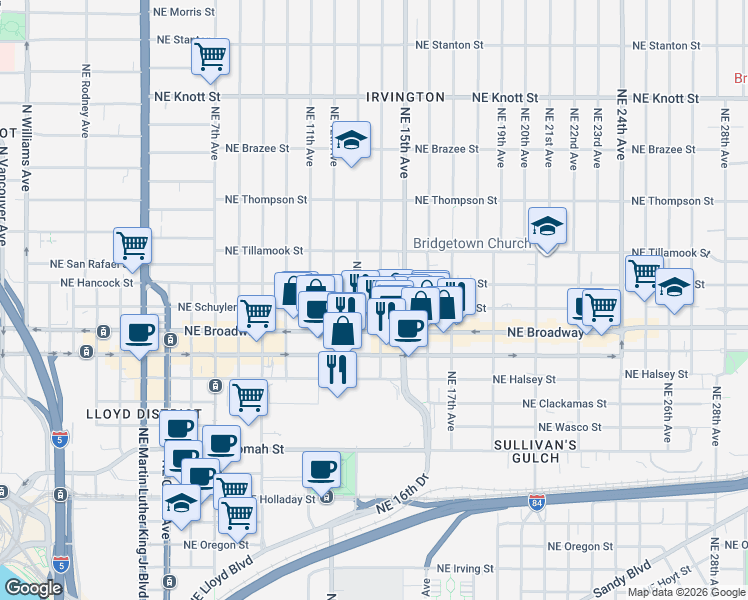 map of restaurants, bars, coffee shops, grocery stores, and more near 1312 Northeast Schuyler Street in Portland