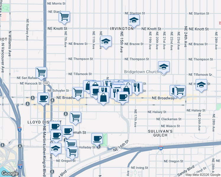 map of restaurants, bars, coffee shops, grocery stores, and more near 1312 Northeast Schuyler Street in Portland
