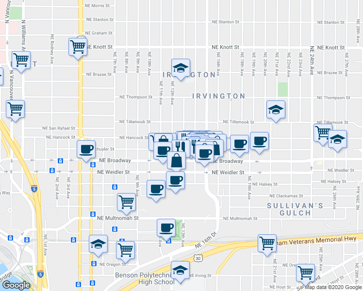 map of restaurants, bars, coffee shops, grocery stores, and more near 1312 Northeast Schuyler Street in Portland