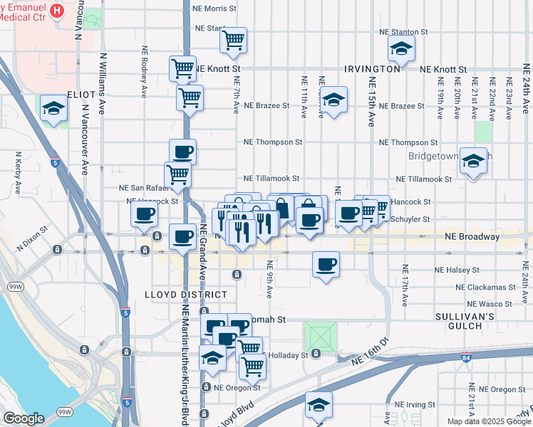map of restaurants, bars, coffee shops, grocery stores, and more near in Portland