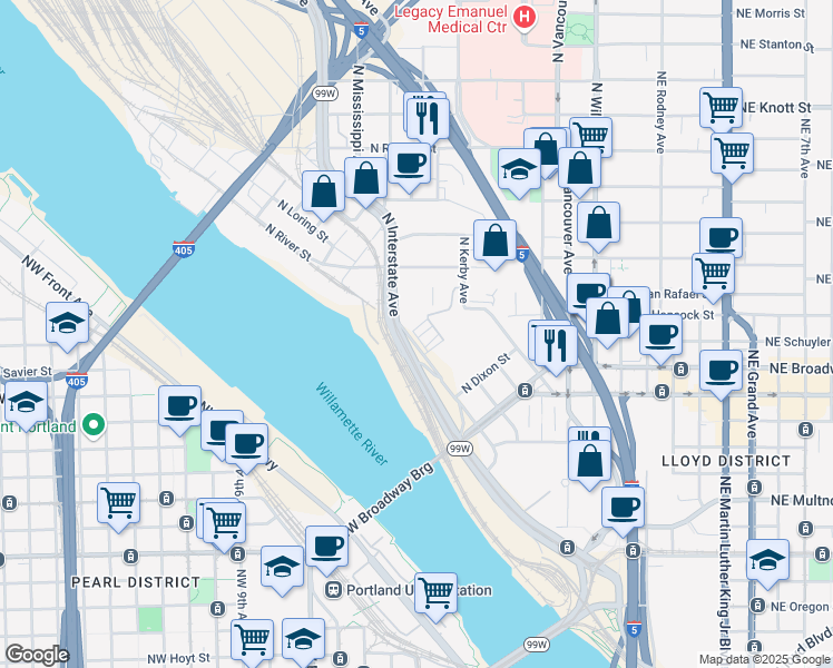 map of restaurants, bars, coffee shops, grocery stores, and more near 1850 North Interstate Avenue in Portland
