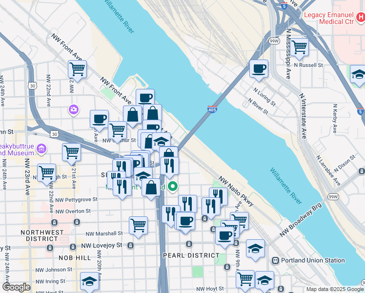 map of restaurants, bars, coffee shops, grocery stores, and more near 1734 Northwest 14th Avenue in Portland