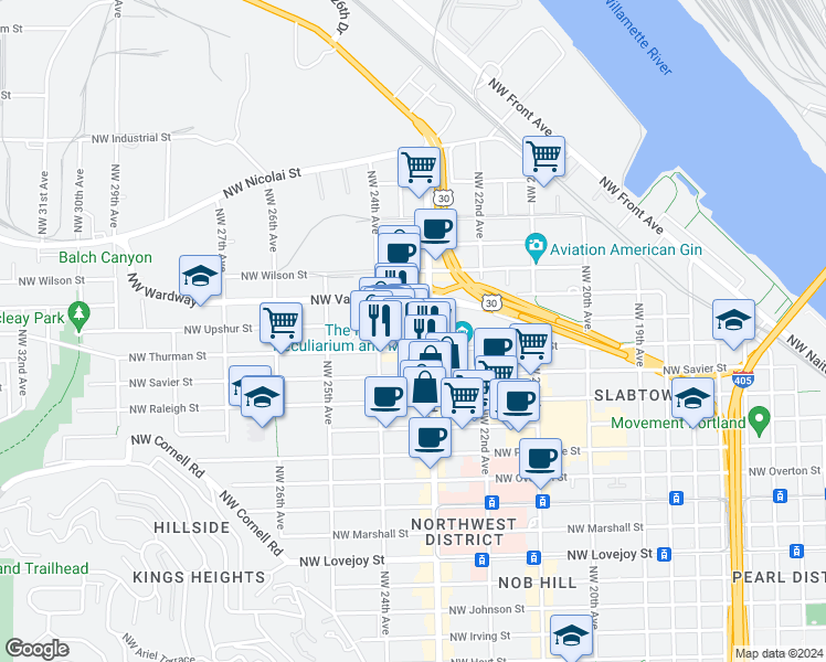 map of restaurants, bars, coffee shops, grocery stores, and more near 1715 Northwest 23rd Avenue in Portland