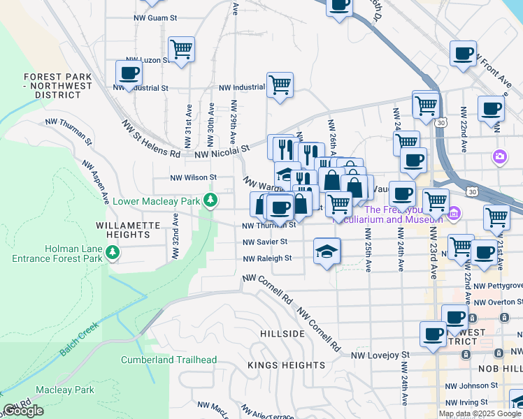 map of restaurants, bars, coffee shops, grocery stores, and more near 1841 Northwest 28th Avenue in Portland
