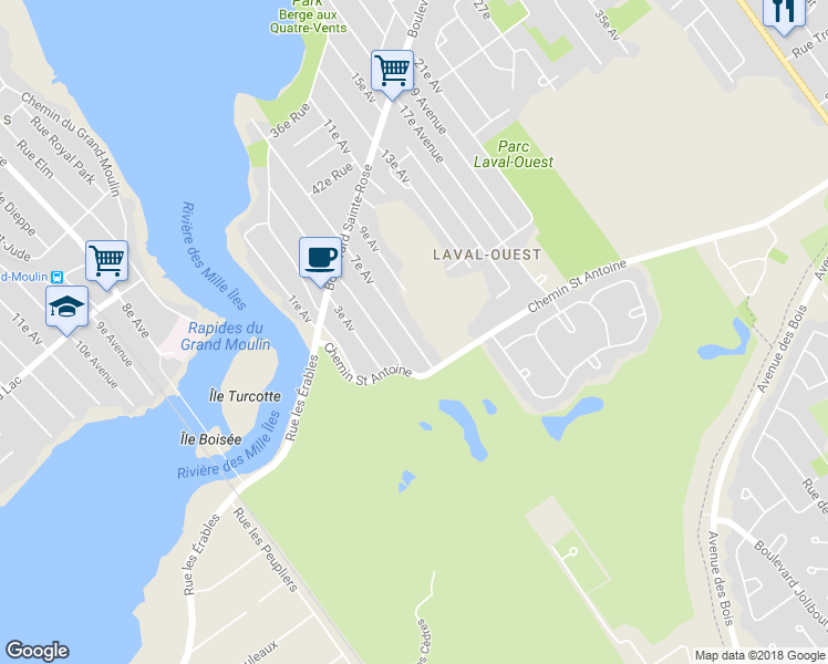 map of restaurants, bars, coffee shops, grocery stores, and more near 7765 7e Av in Laval