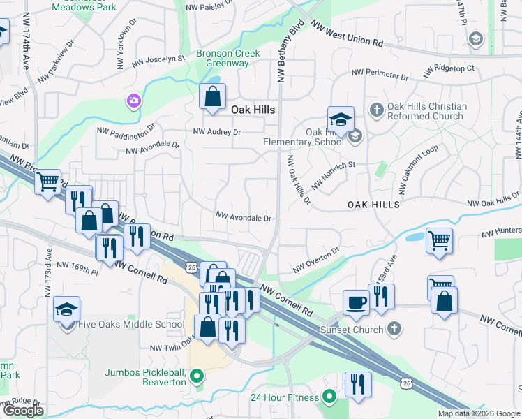 map of restaurants, bars, coffee shops, grocery stores, and more near 2233 Northwest 159th Place in Beaverton