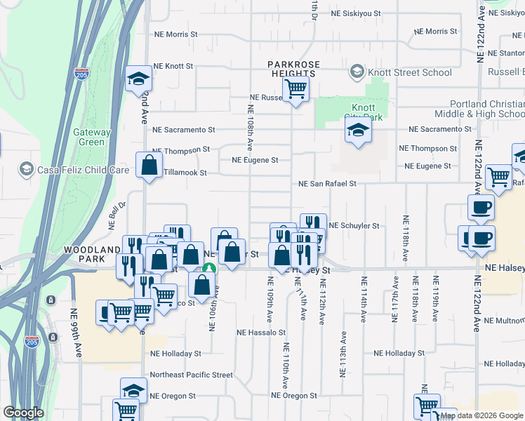 map of restaurants, bars, coffee shops, grocery stores, and more near 10830 Northeast Hancock Street in Portland