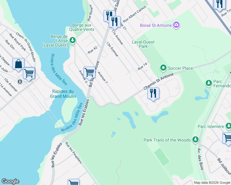 map of restaurants, bars, coffee shops, grocery stores, and more near 7765 7e Av in Laval
