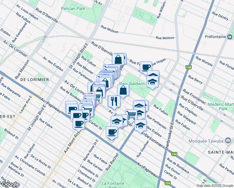 map of restaurants, bars, coffee shops, grocery stores, and more near 4411 Rue Parthenais in Montréal