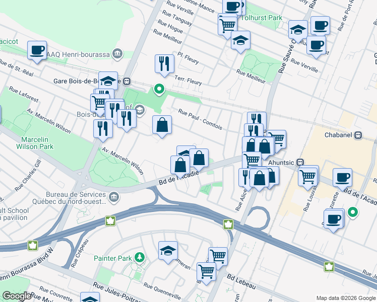 map of restaurants, bars, coffee shops, grocery stores, and more near 1845 Rue du Liban in Montréal