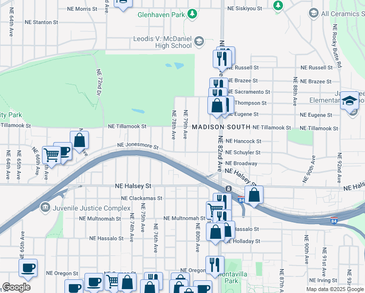 map of restaurants, bars, coffee shops, grocery stores, and more near 1815 Northeast 79th Avenue in Portland