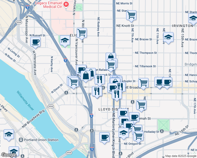 map of restaurants, bars, coffee shops, grocery stores, and more near in Portland