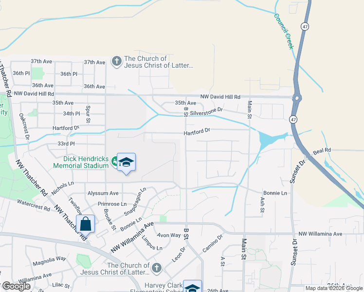 map of restaurants, bars, coffee shops, grocery stores, and more near 3316 B Street in Forest Grove