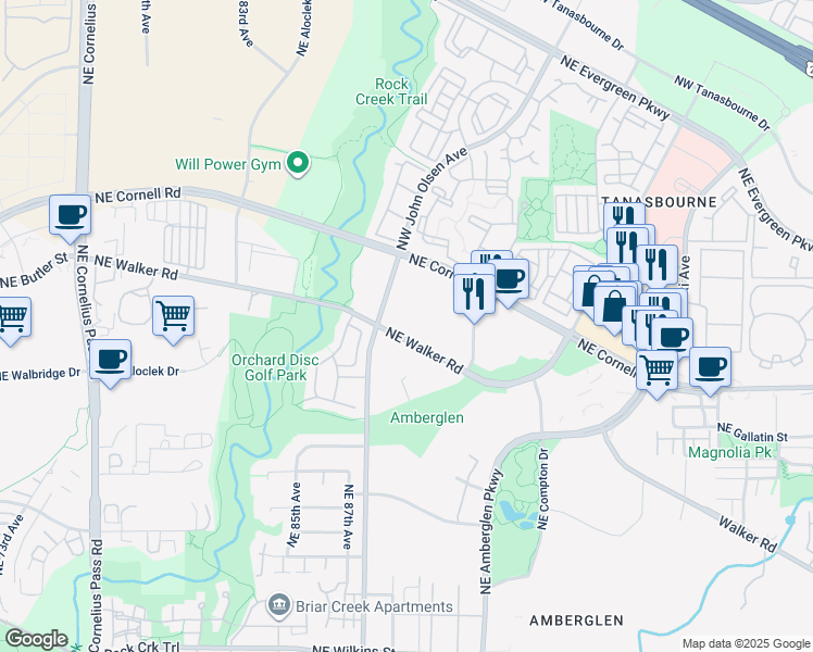 map of restaurants, bars, coffee shops, grocery stores, and more near 20450 Northwest Amberwood Drive in Hillsboro