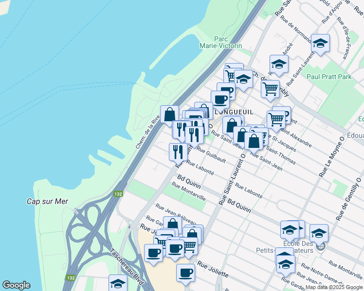 map of restaurants, bars, coffee shops, grocery stores, and more near 395 Rue Saint-Charles Ouest in Longueuil