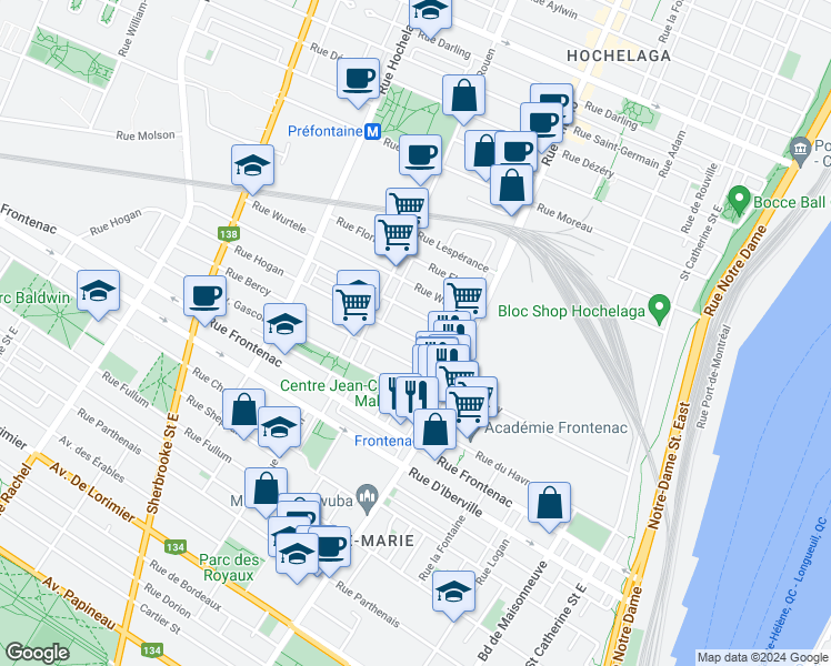map of restaurants, bars, coffee shops, grocery stores, and more near 2129 Rue Hogan in Montréal