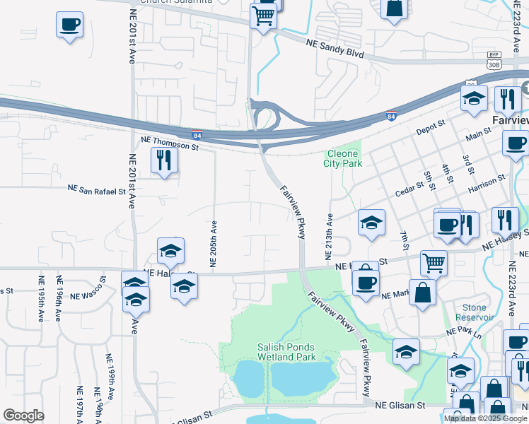 map of restaurants, bars, coffee shops, grocery stores, and more near 20881 Northeast Caden Street in Fairview