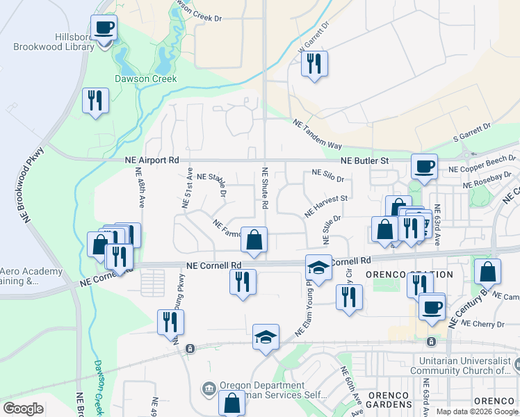 map of restaurants, bars, coffee shops, grocery stores, and more near 1464 Northeast 54th Avenue in Hillsboro