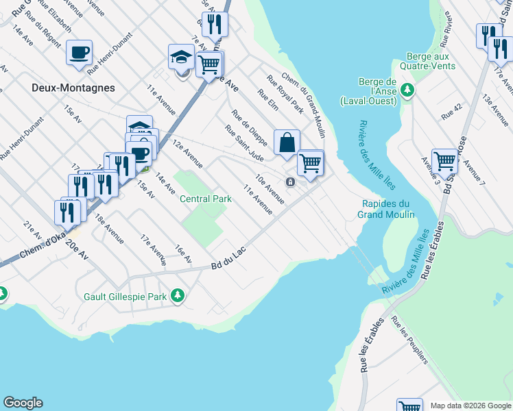 map of restaurants, bars, coffee shops, grocery stores, and more near 58 11e Avenue in Deux-Montagnes