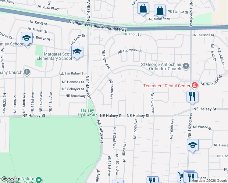 map of restaurants, bars, coffee shops, grocery stores, and more near 1806 Northeast 150th Avenue in Portland