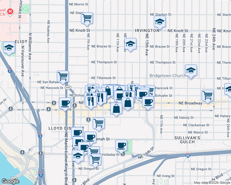 map of restaurants, bars, coffee shops, grocery stores, and more near 1817 Northeast 11th Avenue in Portland