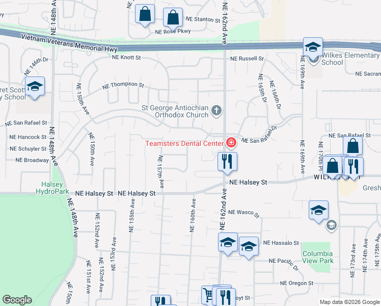map of restaurants, bars, coffee shops, grocery stores, and more near 1800 Northeast 159th Avenue in Portland