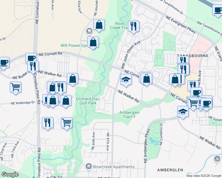 map of restaurants, bars, coffee shops, grocery stores, and more near 2256 Northeast Redelfs Way in Beaverton