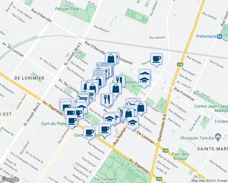 map of restaurants, bars, coffee shops, grocery stores, and more near 4392 Rue Messier in Montréal