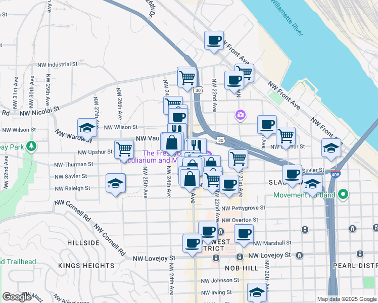 map of restaurants, bars, coffee shops, grocery stores, and more near in Portland