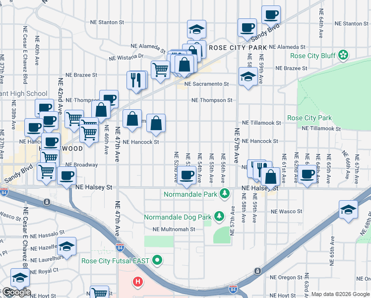 map of restaurants, bars, coffee shops, grocery stores, and more near 1825 Northeast 53rd Avenue in Portland