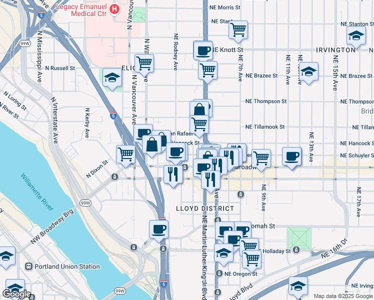 map of restaurants, bars, coffee shops, grocery stores, and more near 343 Northeast Broadway Street in Portland