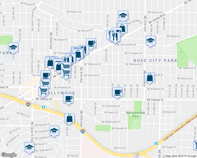 map of restaurants, bars, coffee shops, grocery stores, and more near 1817 Northeast 50th Avenue in Portland