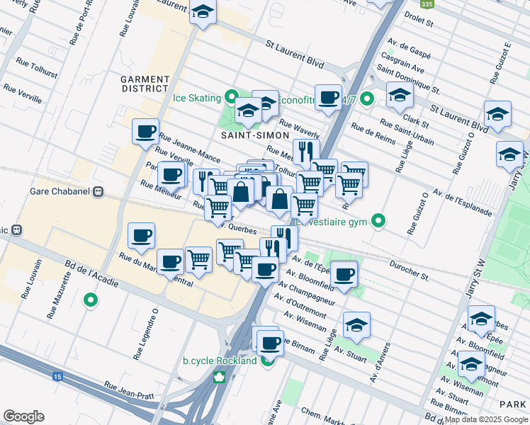 map of restaurants, bars, coffee shops, grocery stores, and more near 8815 Avenue du Parc in Montréal