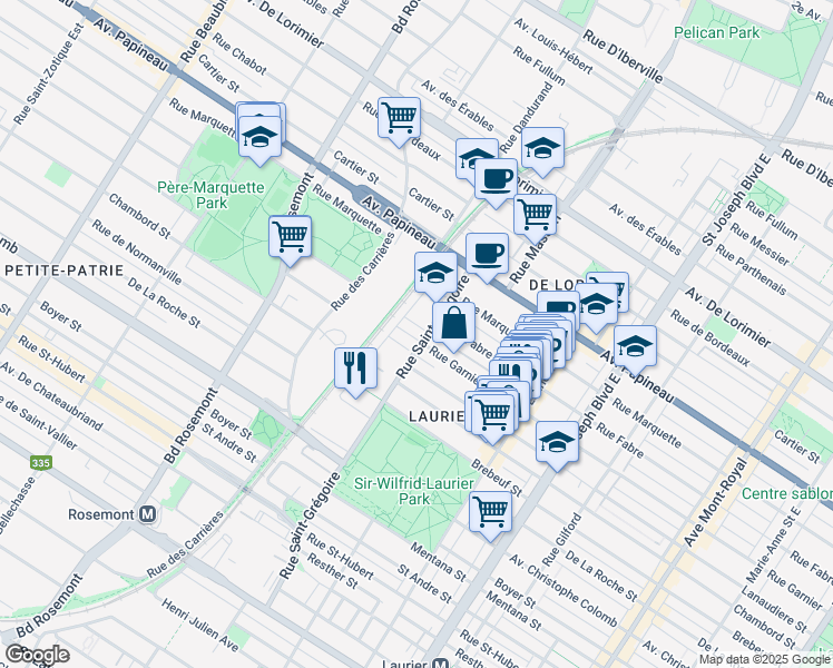 map of restaurants, bars, coffee shops, grocery stores, and more near 5429 Rue Garnier in Montréal