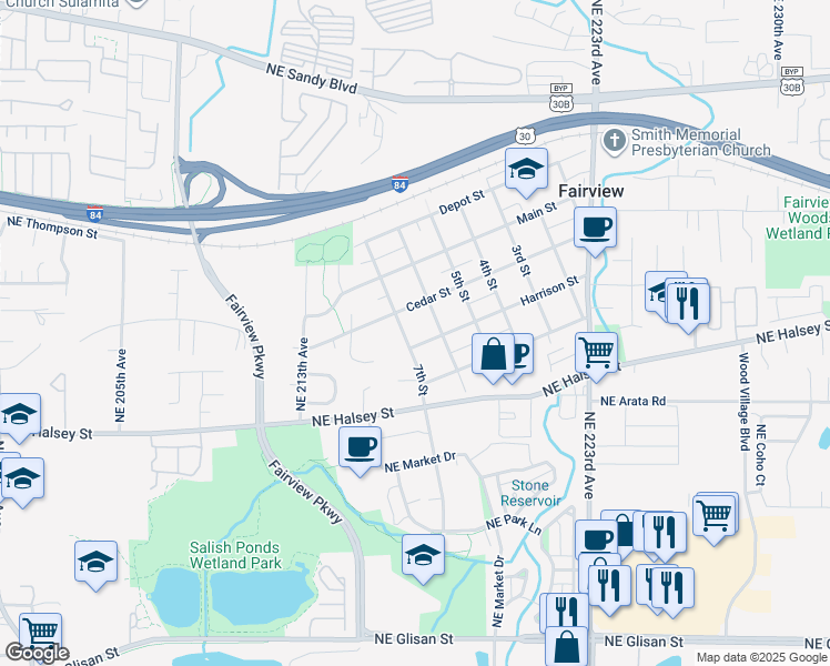 map of restaurants, bars, coffee shops, grocery stores, and more near 650 Harrison Street in Fairview
