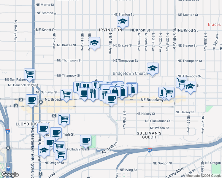 map of restaurants, bars, coffee shops, grocery stores, and more near Northeast 15th Avenue in Portland