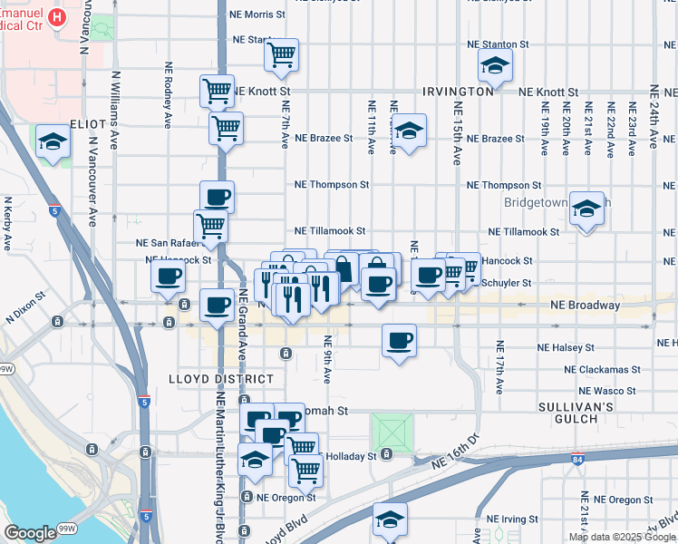map of restaurants, bars, coffee shops, grocery stores, and more near in Portland