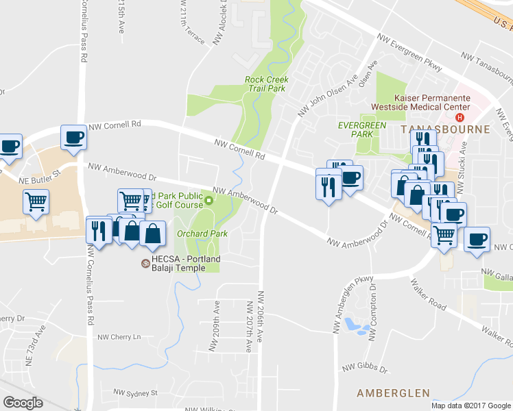 map of restaurants, bars, coffee shops, grocery stores, and more near 2256 Northeast Redelfs Way in Beaverton