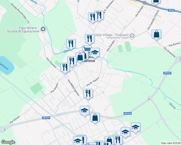 map of restaurants, bars, coffee shops, grocery stores, and more near Via Dante Alighieri in Pogliano Milanese