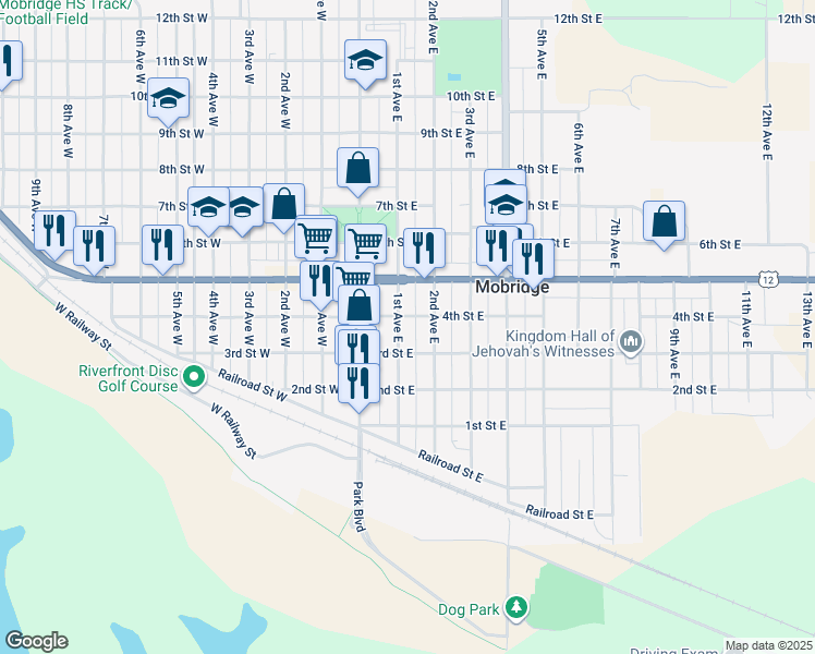 map of restaurants, bars, coffee shops, grocery stores, and more near 301-399 1st Ave E in Mobridge