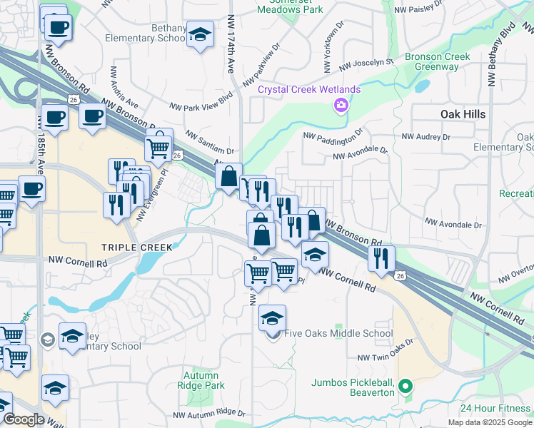 map of restaurants, bars, coffee shops, grocery stores, and more near 17235 Northwest Corridor Court in Beaverton