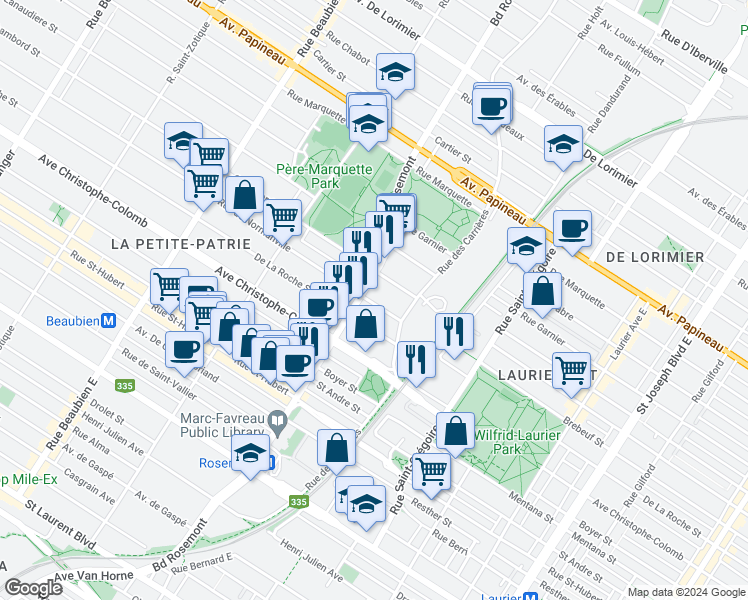 map of restaurants, bars, coffee shops, grocery stores, and more near 5701 Rue de Normanville in Montréal