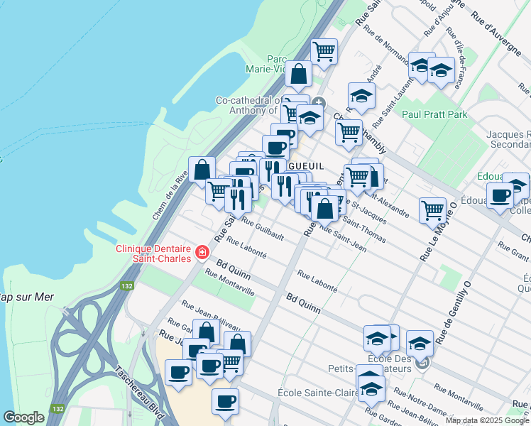 map of restaurants, bars, coffee shops, grocery stores, and more near 350 Rue de Longueuil in Longueuil