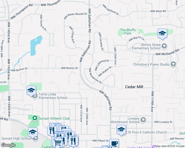 map of restaurants, bars, coffee shops, grocery stores, and more near 2358 Northwest Woodrose Drive in Portland