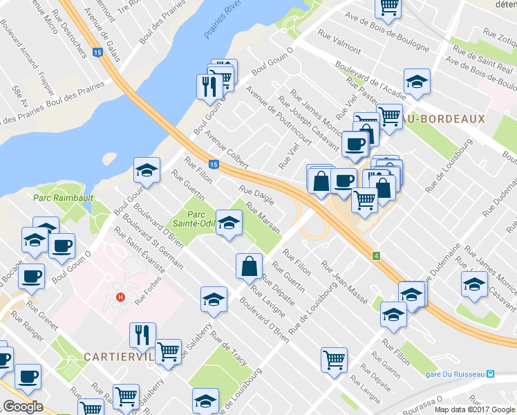 map of restaurants, bars, coffee shops, grocery stores, and more near 12095 Rue Marsan in Montréal