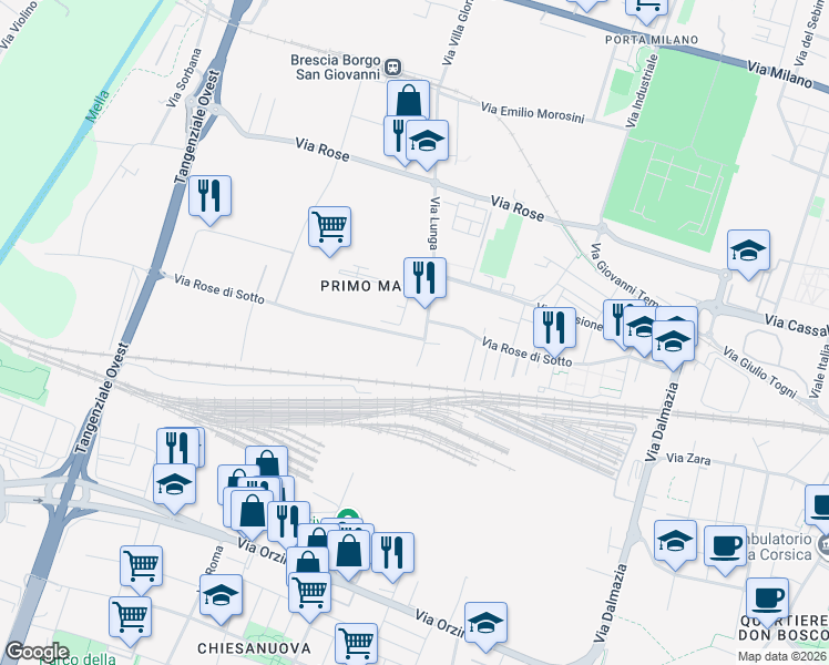 map of restaurants, bars, coffee shops, grocery stores, and more near 243-253 Via Rose di Sotto in Brescia