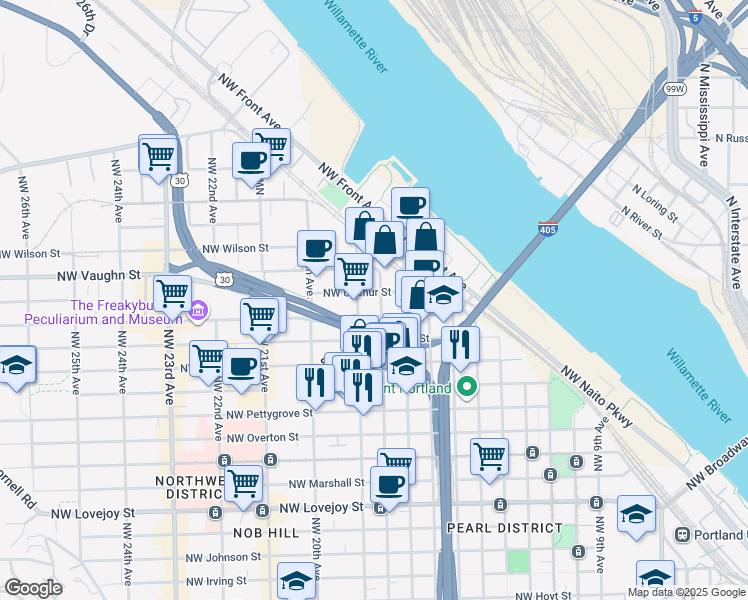 map of restaurants, bars, coffee shops, grocery stores, and more near 1800 Northwest Upshur Street in Portland