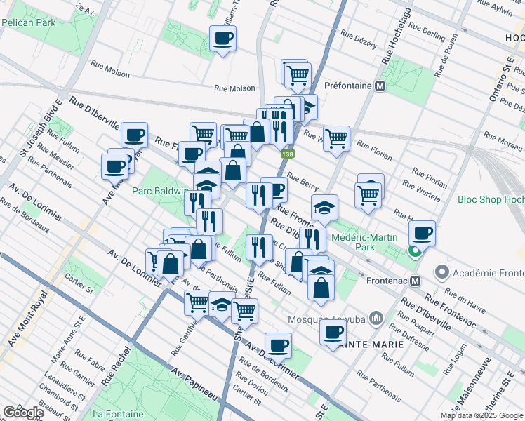 map of restaurants, bars, coffee shops, grocery stores, and more near 2505 Rue Sherbrooke Est in Montréal