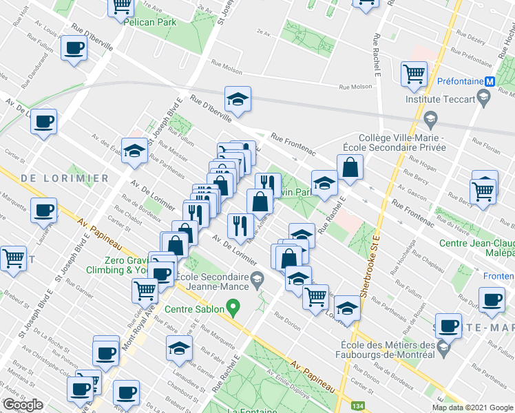 map of restaurants, bars, coffee shops, grocery stores, and more near 4392 Rue Messier in Montréal